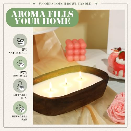 Lounsweer 2 Pack Wood Dough Bowl Candle 10inch Christmas Candle Decorative with Wick Sage and Eucalyptus Scented Candles S...