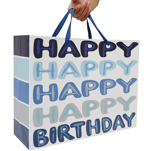 Qirrmiy 16.5” Extra Large Blue Happy Birthday Gift Bag Set with Handles, Greeting Card, Tissue Papers and Stickers for Men...