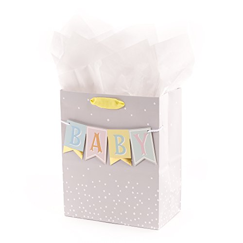 Hallmark 9" Medium Baby Gift Bag with Tissue Paper - Baby Banner in Grey, Pink and Blue for Baby Showers, New Parents, and...