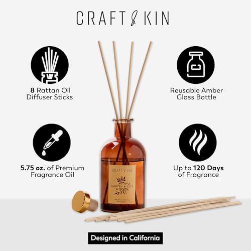 Craft & Kin Lily & Jasmine Diffuser Reed Diffuser | All Natural Essential Oil & 8 Rattan Scent Sticks | Reed Diffusers for...