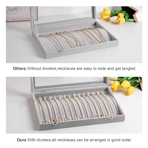 Frebeauty 15 Hooks Necklace Tray Velvet Neckalce Organizer with Clear Lid Lockable Necklace Holder Box Jewelry Organizer f...