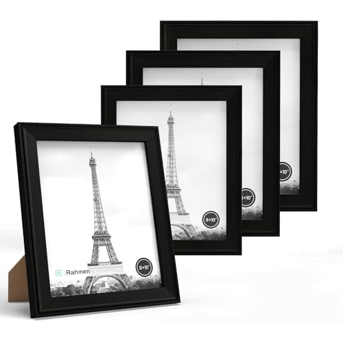 iRahmen 8x10 Picture Frame Set of 4, Black Frame with HD Glass, Wooden Photo Frames for Wall Mount and Tabletop Display