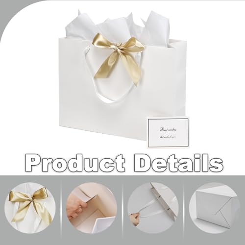 Papertide 2 Pack 13x5x10 Inch Large White Gift Bag Set with Tissue Paper, Greeting Card & Ribbon, Big Gift Wrapping Kits f...