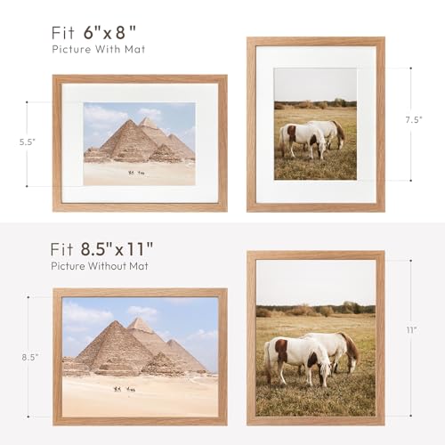 wallwisy 8.5x11 Picture Frame, Solid Oak Wood 8.5 by 11 Picture Frame with Mat to 6x8(Openning Size is 5.5x7.5), 11x8.5 Na...