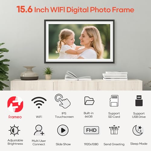 BIGASUO Digital Picture Frame Frameo 15.6" WiFi Electronic Photo Frames Large with 64GB Memory 1920x1080 IPS FHD Touch Scr...