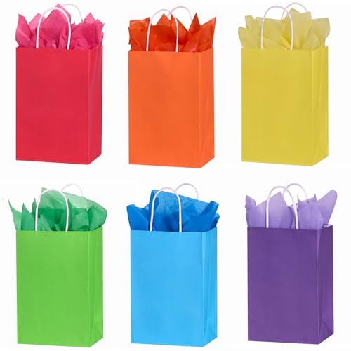SUNCOLOR Rainbow Gift Bags with Tissue Paper, 24 Pack Small Paper Party Bags, 7.9 x 5.12 x 3.15 Inches, 6 Colors with Hand...