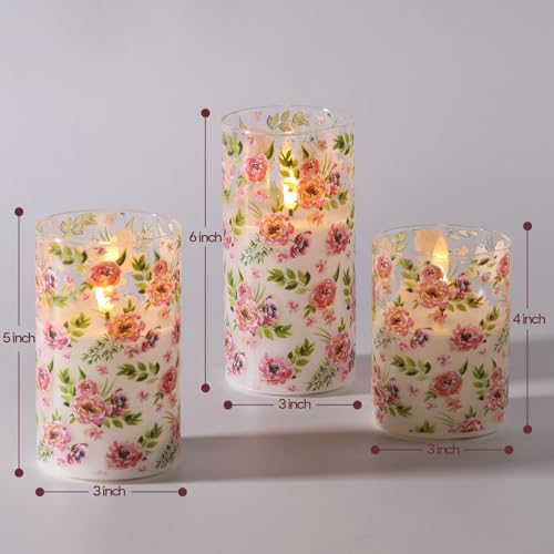 Eywamage Red Rose Floral Flameless Candles with Remote, Flickering Glass LED Pillar Candles Spring Home Decor Set of 3