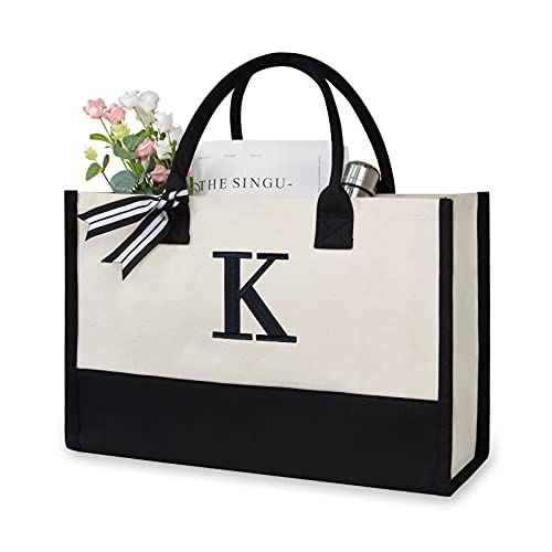 TOPDesign Personalized Initial Canvas Beach Bag, Monogrammed Gift Tote Bag for Women