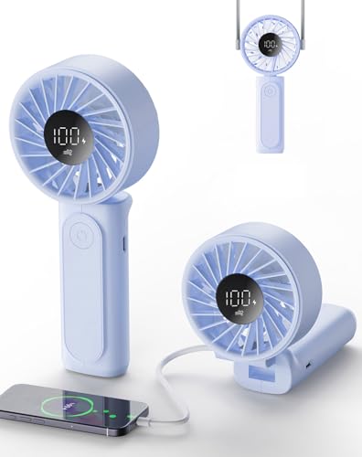 Peiyuu Portable Fan, 4000mAh Rechargeable, 180° Foldable Mini Desk Fan with 6 Wind Speed, LCD Digital Display, Lanyard as ...
