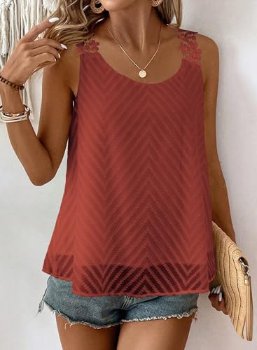 Womens Tank Tops Flowy Sleeveless Summer Boho Tank Top for Women Casual Crewneck Strap Lace Camisole Shirts