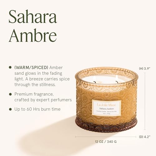 LA JOLIE MUSE Sahara Amber Candle – Bergamot, Clove & Amber | 12 oz Large 2-Wick Soy Wax Candle | 60 Hours Clean Burn | Gi...