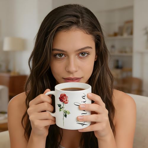 Custom Coffee Mug with Birth Flower & Name - 11oz Large Ceramic Personalized Coffee Cup for Women, Pretty Floral Tea Mugs ...
