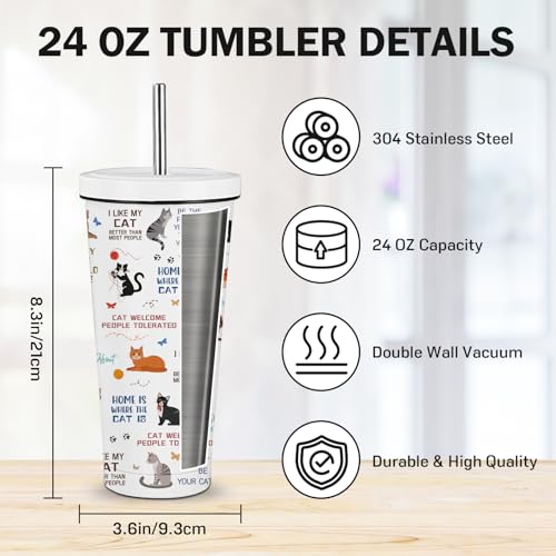 FAIVHSO Cat Gifts for Women, 24 oz Insulated Tumbler with Lid and Straw, Stainless Steel Water Bottle, Coffee Cups Travel ...