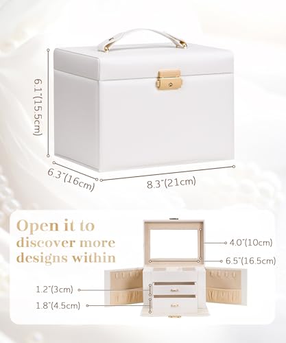 Homde Mothers Day Gifts Girls Jewelry Box with Lock: 3 Layer Organizer with Mirror - Necklace Ring Earring Storage for Dre...