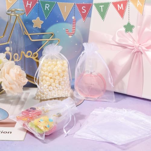 Hopttreely 100PCS Premium Sheer Organza Bags, White Wedding Favor Bags with Drawstring, 4x4.72 Jewelry Gift Bags for Part...
