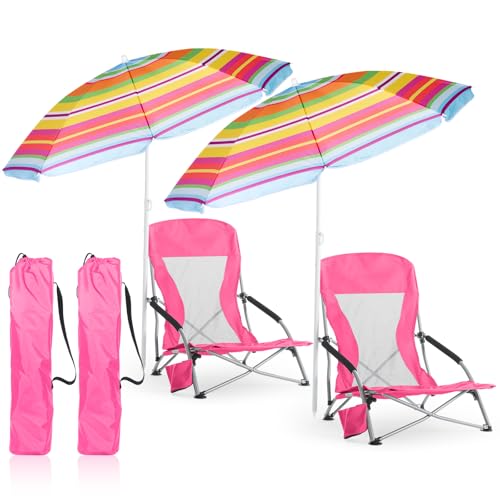 Huwena 2 Pack Beach Chairs with Umbrella for Adults, Low Folding Chair Set, Adjustable Detachable Umbrella, Lightweight Po...