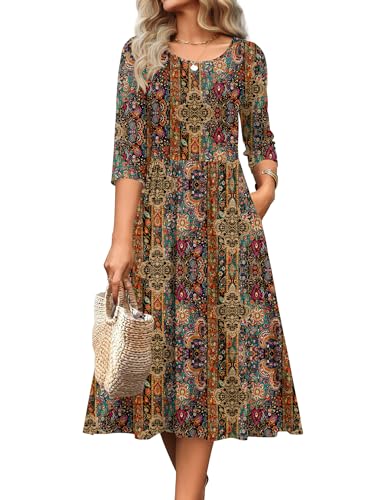 Zeagoo 3/4 Sleeve Women's Dress Casual Flowy A-Line Midi Tshirt Dresses with Pockets Crewneck Vocation Boho Beach Sundress