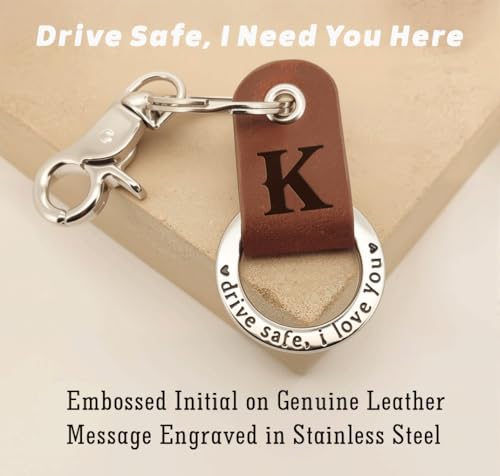 Custom Engraved Leather Keychain, Personalized Initial Key Ring for Him, Stainless Steel Couple Gift for Men & Women