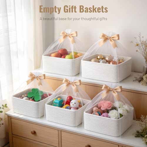 5 Pack White Small Woven Storage Baskets for Shelves, Cotton Rope Baskets Organizer for Bathroom, Closet & Nursery, Decora...