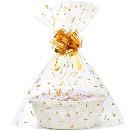 SUNCOLOR Small Woven Gift Basket Set with Cut Paper Shred Filler, Pull Bow & Cellophane Bag, 12x8x5 Inch Durable Cotton Ro...