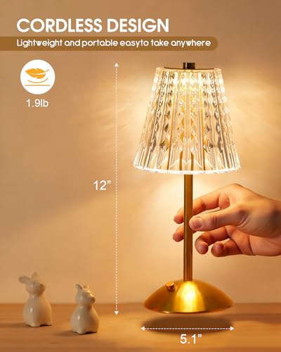 Nusogon Rechargeable Cordless Table Lamp, Touch Control Crystal Desk Lamp with 3500mAh Battery, 3 Color Dimmable LED Small...