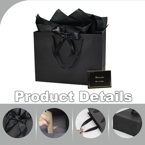 Papertide 2 Pack 16x6x12 Inch Large Black Gift Bag Set with Tissue Paper, Greeting Card & Ribbon, Big Gift Wrapping Kits f...
