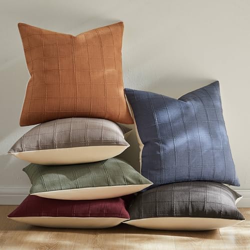 ZeeMart Linen Checked Throw Pillow Covers Set of 2, 18x18 Inch Blue/Cream, Farmhouse Decorative Single Sided Grid Embroide...