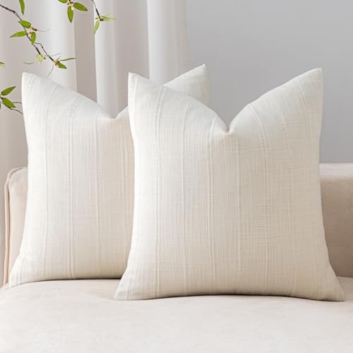 SINYASAN Soft Linen Striped Throw Pillow Covers 18"x18" Set of 2, White Textured Decorative Pillow Cases for Sofa Bedroom ...
