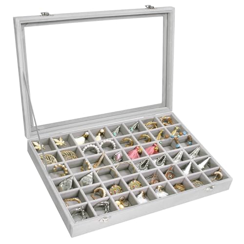 Siveit Velvet Jewelry Tray 48 Grid Jewelry Display Tray Organizer Box with Transparent Lid Rings Earrings Necklaces Pendan...