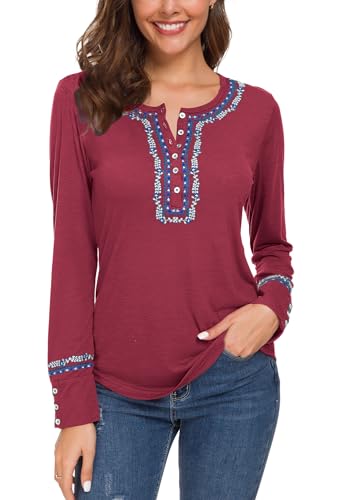 Urban CoCo Women's Long Sleeve Boho Shirt Embroidered Top