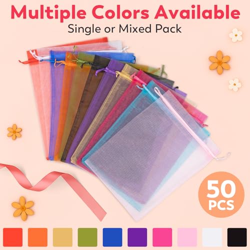 Crweety 50 Pcs White Organza Bags 6x9 Inches, Large Mesh Gift Bags Drawstring, Jewelry Pouches Treat Sachet Goodie Mesh Ba...