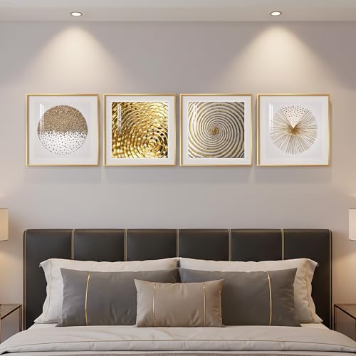 Framed Gold Modern Wall Art Prints, Set of 4 Piece Abstract Geometric White and Gold Wall Decor, Minimalist Contemporary G...