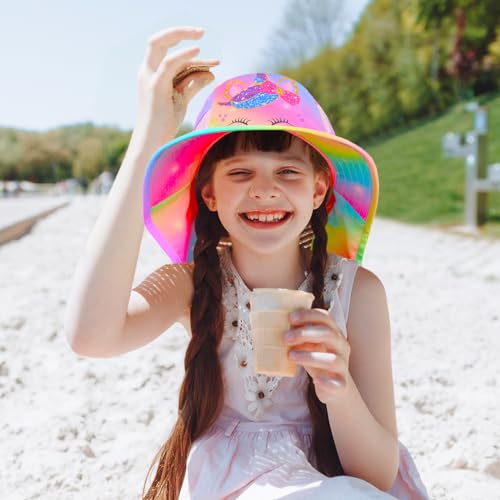 Girls Sun Hat for Kids UV Protection Unicorn Summer Hat Beach Play Hats Wide Brim Neck Flap for Girls Ponytail Hat 2-9 Years