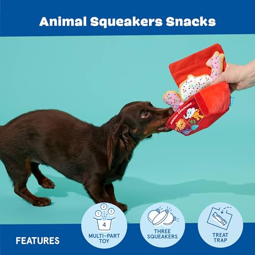 Barkbox Animal Squeakers 4-in-1 Interactive Plush Dog Toy - Squeaky Dog Toys with Crinkle Box and Treat-Hiding - for Extra...