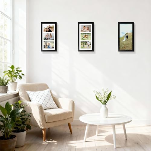 Golden State Art, 7x14 Black Photo Wood Collage Frame with Mat displays (3) 4"x6" Pictures