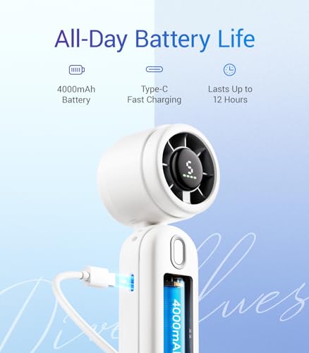 Diveblues Handheld Fan, 30ft/s Mini Portable Turbo Fan [12H Max Cooling], 4000mAh Personal Fan with LED Display, 3-in-1 Ha...