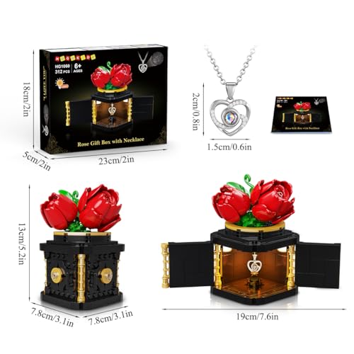 HOGOKIDS Flowers Box Building Set with LED & Necklace, for Mom/Wife, 312PCS Preserved Rose with Heart Necklace for Adults ...