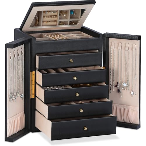 Dajasan Large Jewelry Organizer Box with 5 Drawers, Jewelry Box for Women, 6-Tier Jewelry Storage Organizer with Mirror fo...