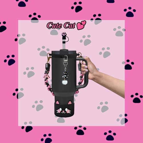 VirgoCCY 6PCS Cute Cat Stanley Cup Accessories Set for Stanley Cup 30oz 40oz, Includes Straw Topper, Siliocne Boot, Water ...