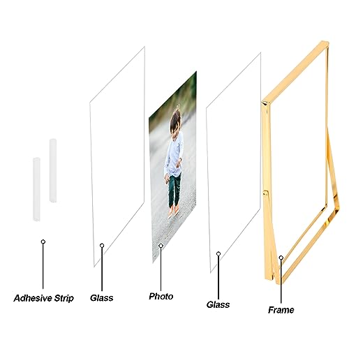 Fixwal Gold Floating Picture Frame Set of 2, 8 x 10 Tempered Glass, Tabletop Display, Multi Size Including 6 x 8, 5 x 7