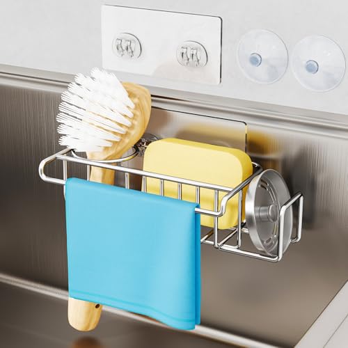 HapiRm 4 in 1 Sink Caddy Sponge Holder, SUS304 Stainless Steel Kitchen Brush Holder + Dish Cloth Hanger + Soap Rack + Sink...
