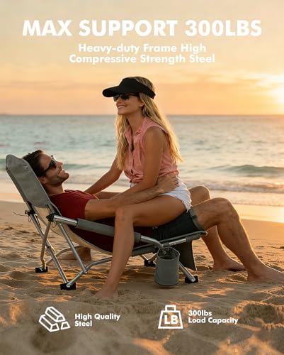 AKSOUL Folding Beach Chair for Adults: Low/High Back Chairs with Carry Bag - Extra Wide Seat Chair with Comfortable Pillow...