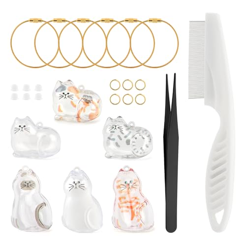 6Pcs Cat Hair Keepsake Keychain, Transparent Creative Pet Fur Keepsake Keychain with Cat Hairs Comb & Tweezers Tool, Anima...