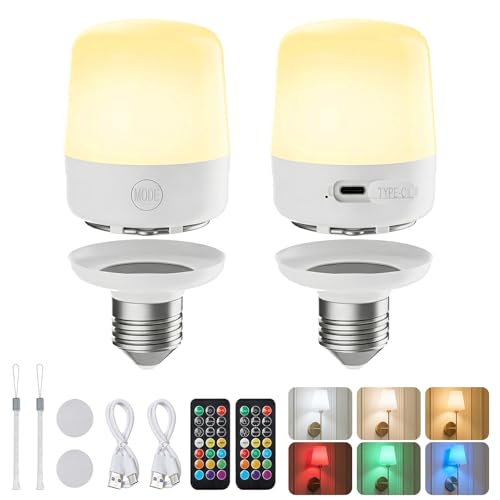 Minetom E26 Rechargeable Light Bulbs with Remote and Timer, Battery Backup Bulb with 12 Colors and Brightness Dimmable, 23...