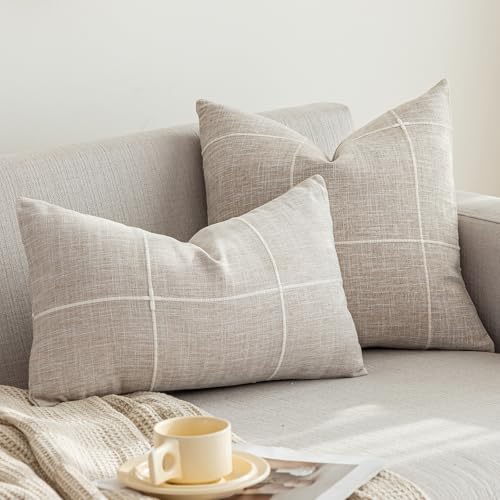 vctops Rustic Lattice Cotton Linen Decorative Throw Pillow Cover Embroidery Square Cushion Cover Pillowcase for Sofa Bedro...