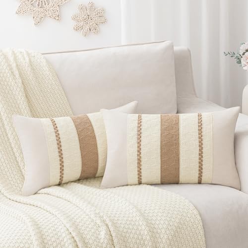 Laolitou Decorative Lumbar Pillow Covers 20×12 Pack of 2, Boho Cotton Linen Soft Cozy Neutral Throw Pillow Cases for Livin...