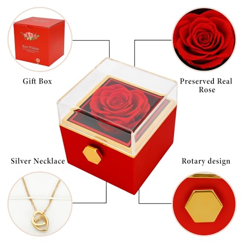 TINGKU Eternal Real Rose Gift Box for Women, Preserved Rose with Customized Engraved Name Heart Necklace, Personalized For...