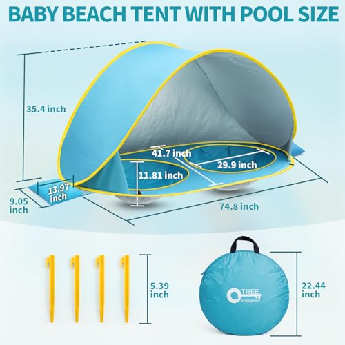QTREE intelligence 2-IN-1 Baby Beach Tent with 2 Pool for 2 kids,74.8*41.7*35.4 inch UV Protection Sun Shelter Pop Up Play...