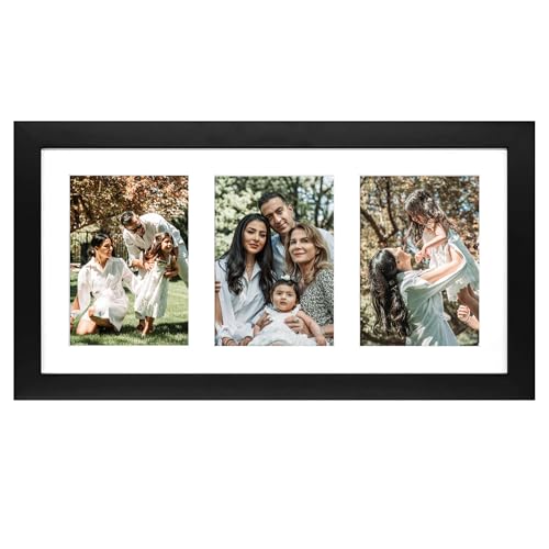 Golden State Art, 9x18 Black Wood Frame - White Mat for Three 5x7 Pictures - Sawtooth Hangers- Swivel Tabs - Wall Mounting...