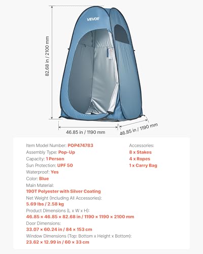 VEVOR Pop up Privacy Tent, Instant Portable Privacy Tent Changing Room with Ground Stakes, Ropes, and Carry Bag, 190T Poly...
